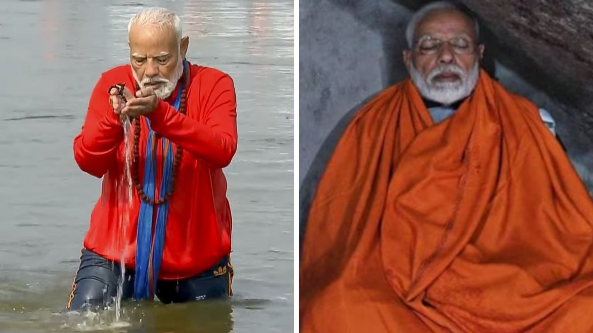 मोदी संगम स्नान करते (बाएं) और केदारनाथ में (दाईं ओर)